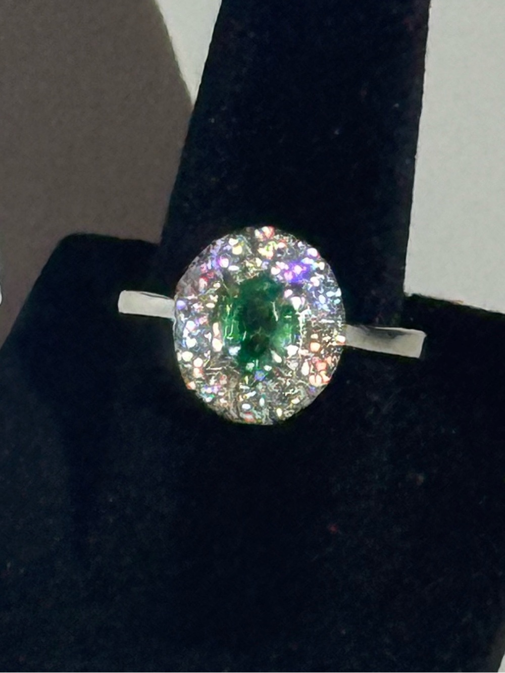 Green Emerald Halo Ring with Diamond Accent